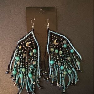 Beaded Fringe Earrings in Black and Turquoise